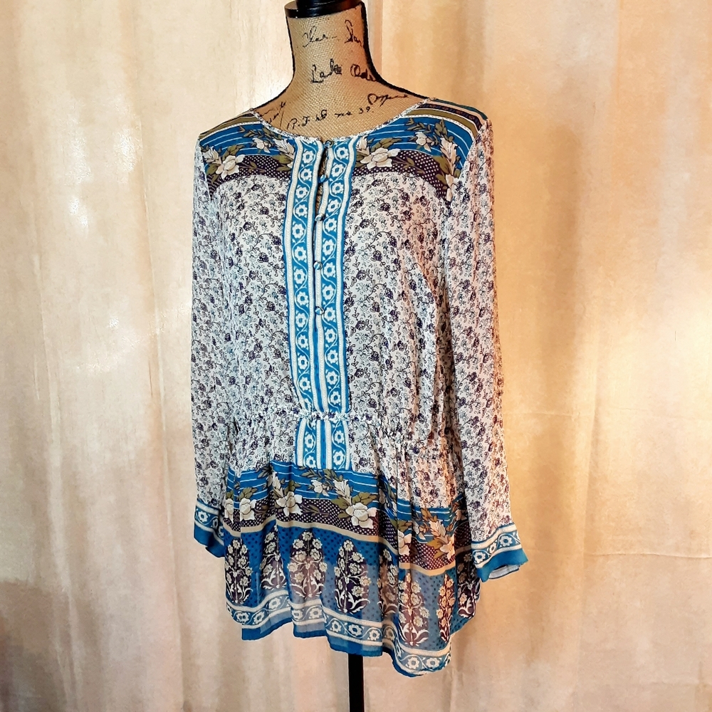 Lucky Brand Women’s Tunic Sheer Buttons Lightweight Peasant Floral